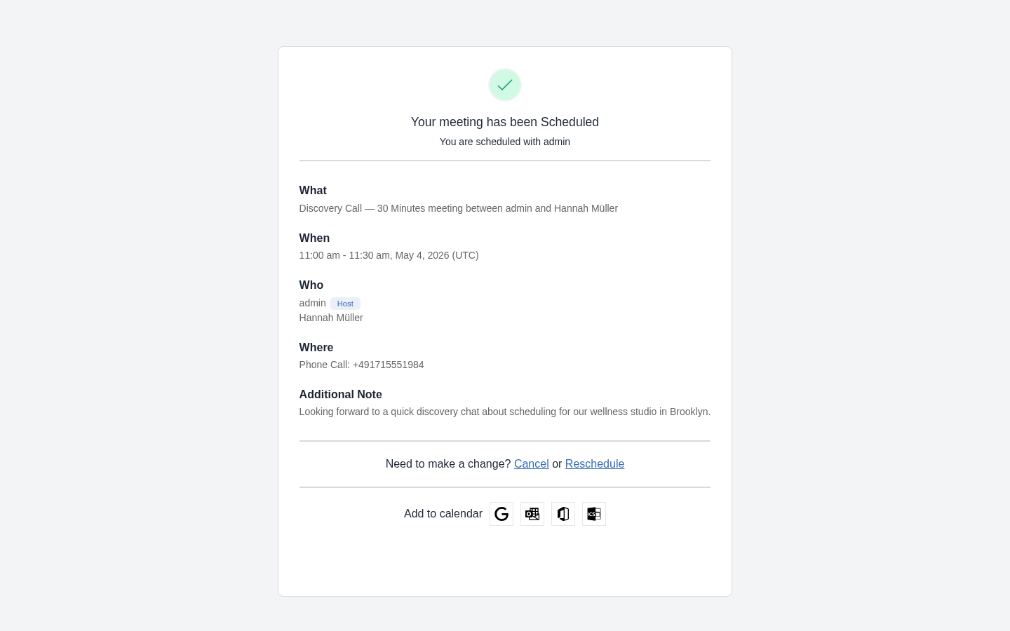 FluentBooking confirmation page showing meeting scheduled with What, When, Who, Where, Cancel or Reschedule and Add to calendar affordances