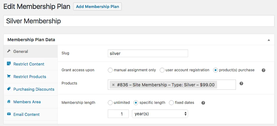 WooCommerce Memberships content restriction settings and member area dashboard