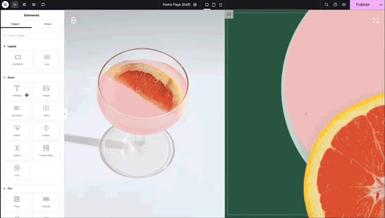 Elementor visual editor with widget panel and live canvas