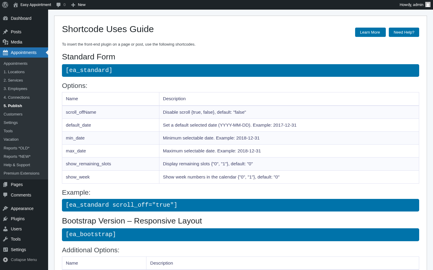 Página Publish del admin de Easy Appointments documentando los shortcodes [ea_standard], [ea_bootstrap], [ea_full_calendar]