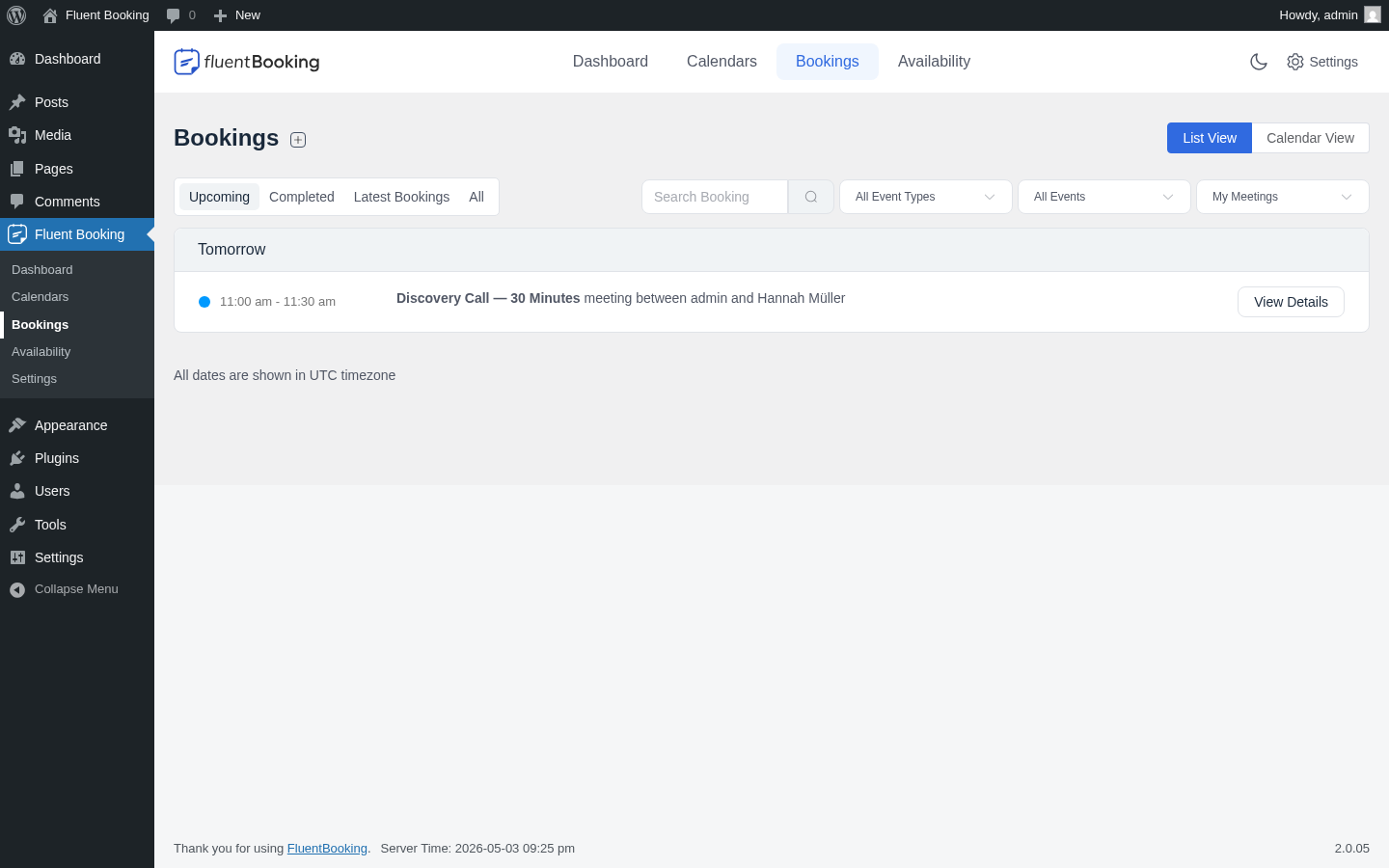 FluentBooking admin Bookings list showing Upcoming tab with Tomorrow 11:00 am Discovery Call meeting between admin and Hannah Müller