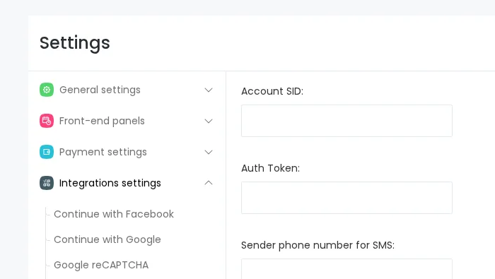 Booknetic-Twilio-SMS-Einstellungsseite der Regular-Umgebung mit sichtbar leeren Zugangsdaten- und Absendertelefonfeldern.