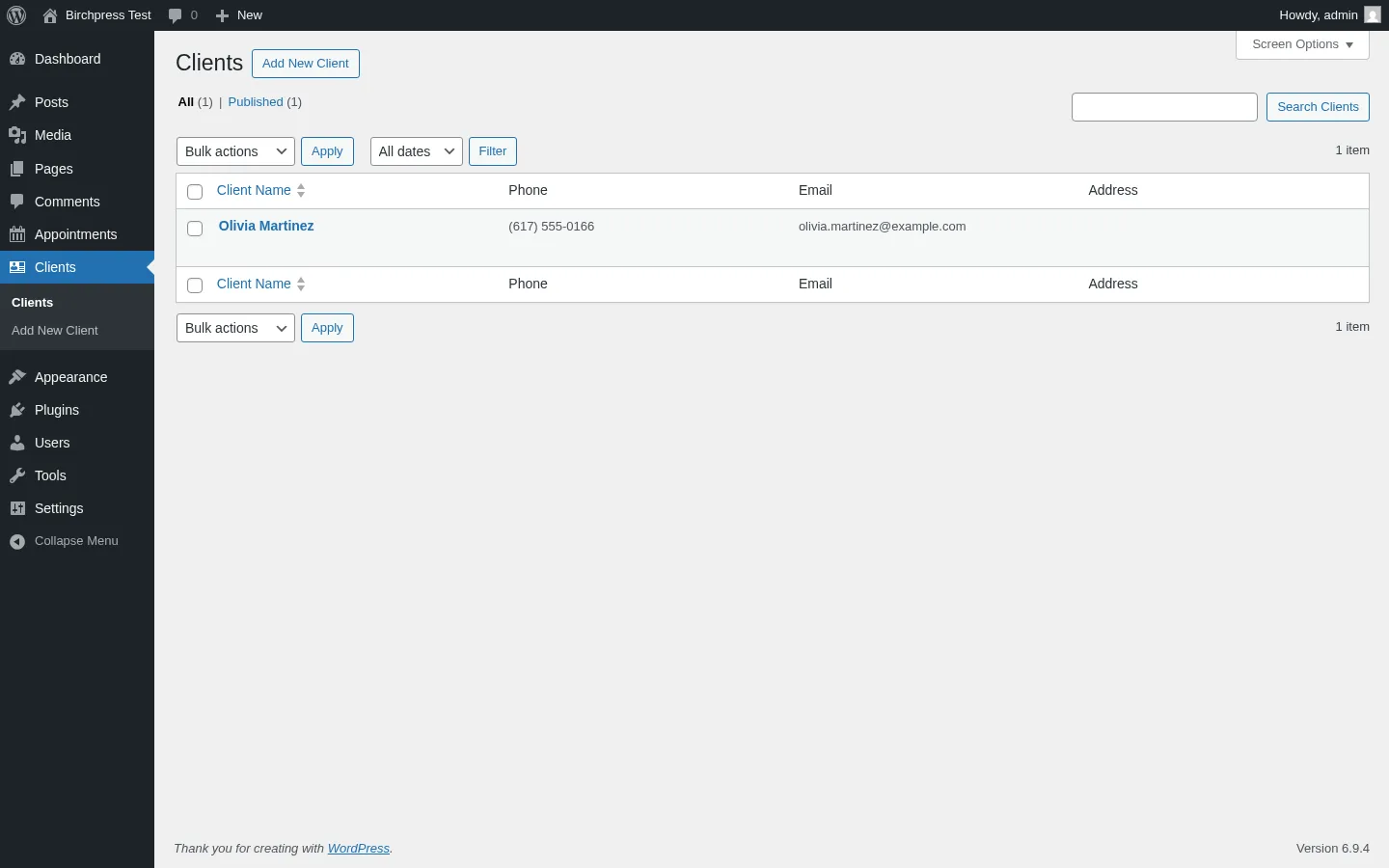 BirchPress admin Clients list with Olivia Martinez auto-created from the front-end booking