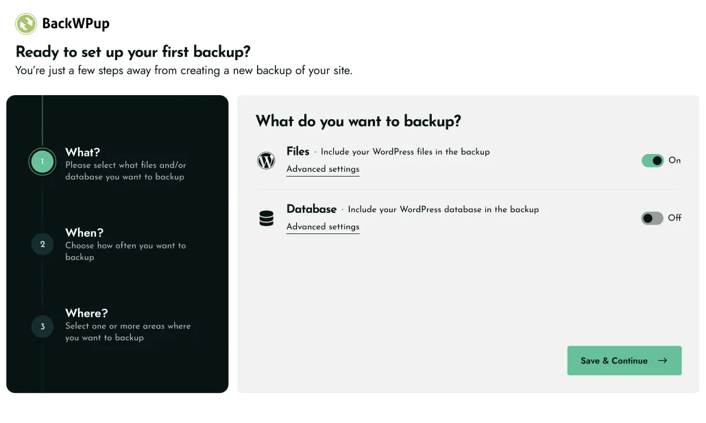 BackWPup admin showing scheduled backup jobs list with destination and job log settings