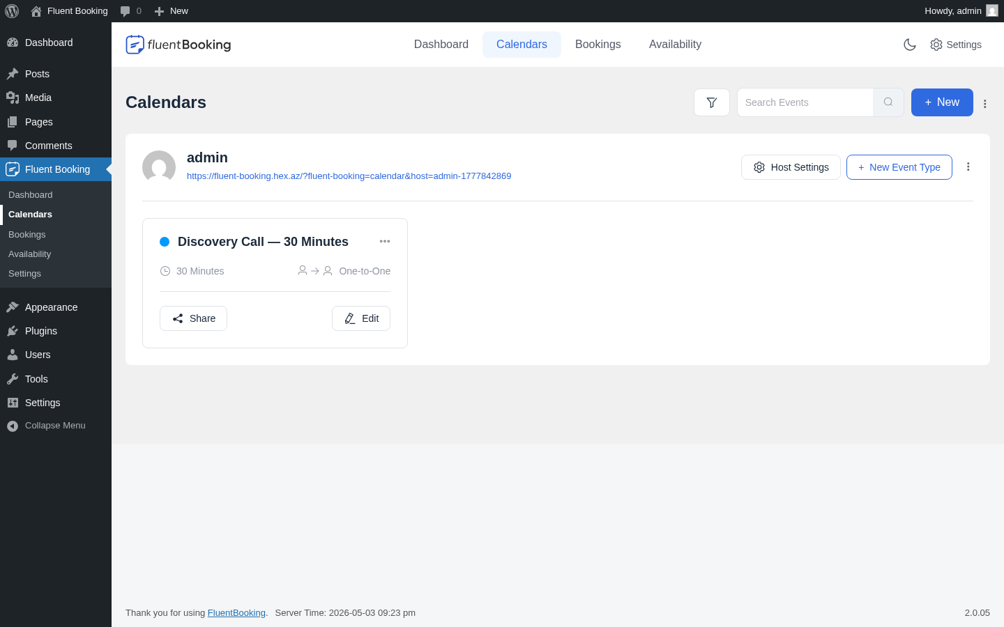 FluentBooking Calendars list with the admin host card, public landing page URL, Host Settings and event row