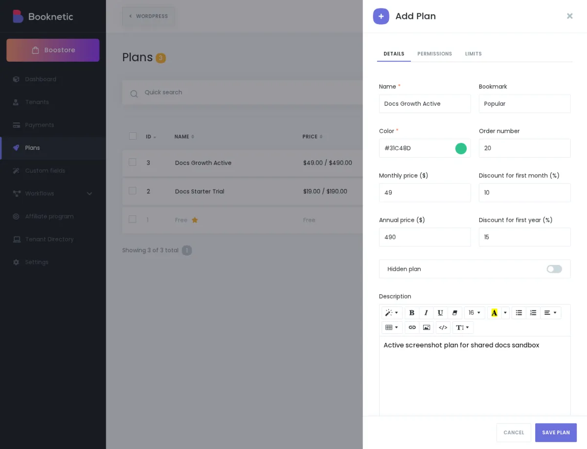 Plan editor — Details tab with all eight fields