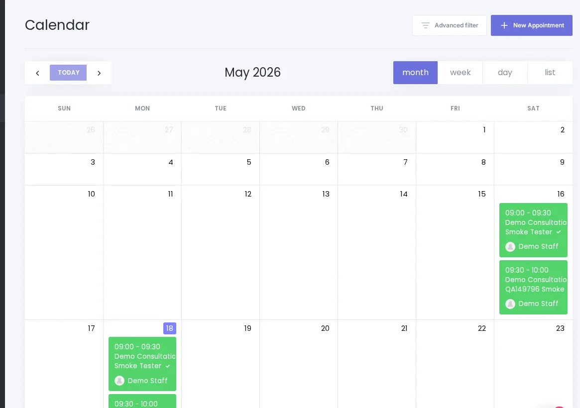 Booknetic-Monatskalender im Regular-Adminbereich mit synthetischen Terminkarten für Demo Consultation.