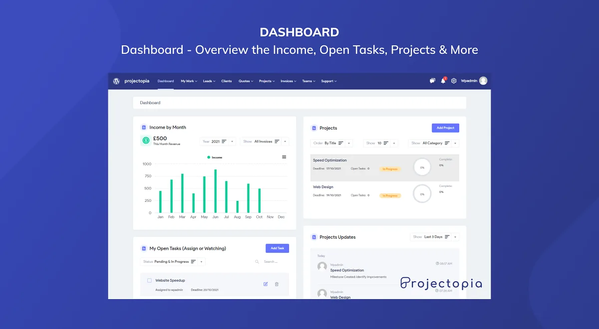 Projectopia business dashboard showing income summary, open tasks, and project overview
