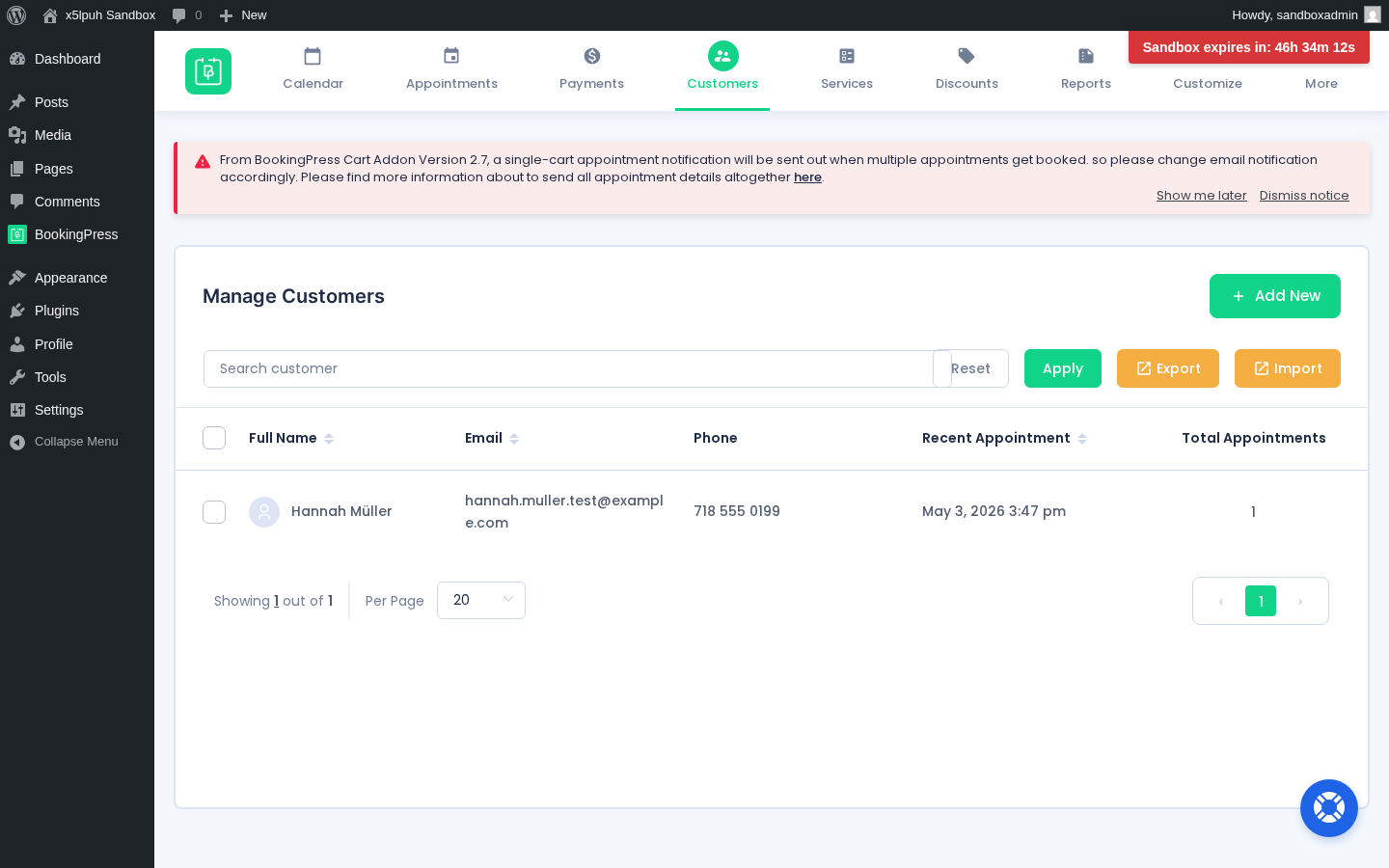 BookingPress admin Customers list with the auto-created customer