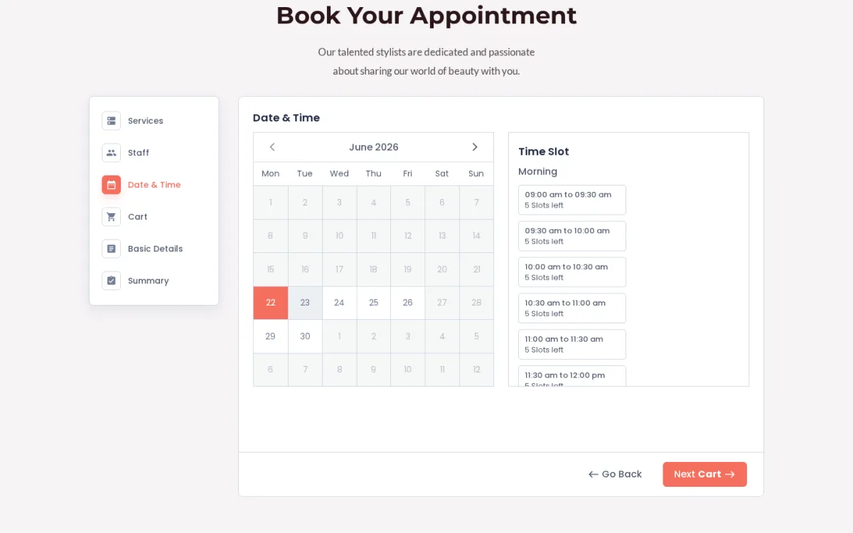 BookingPress Date and Time step with time-of-day slot groups and a slots-left counter per available slot