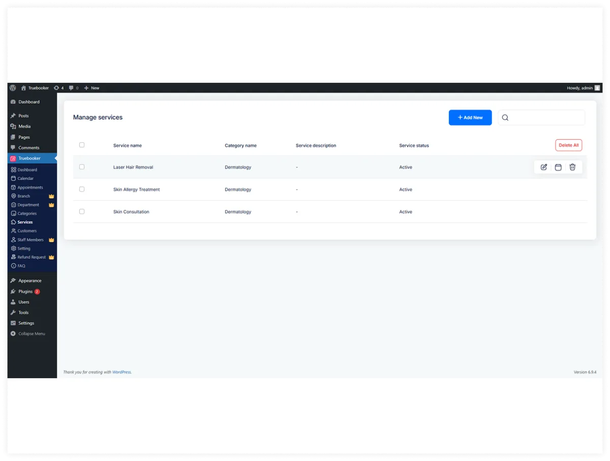 TrueBooker admin Manage Services panel showing services with category, description, and status columns