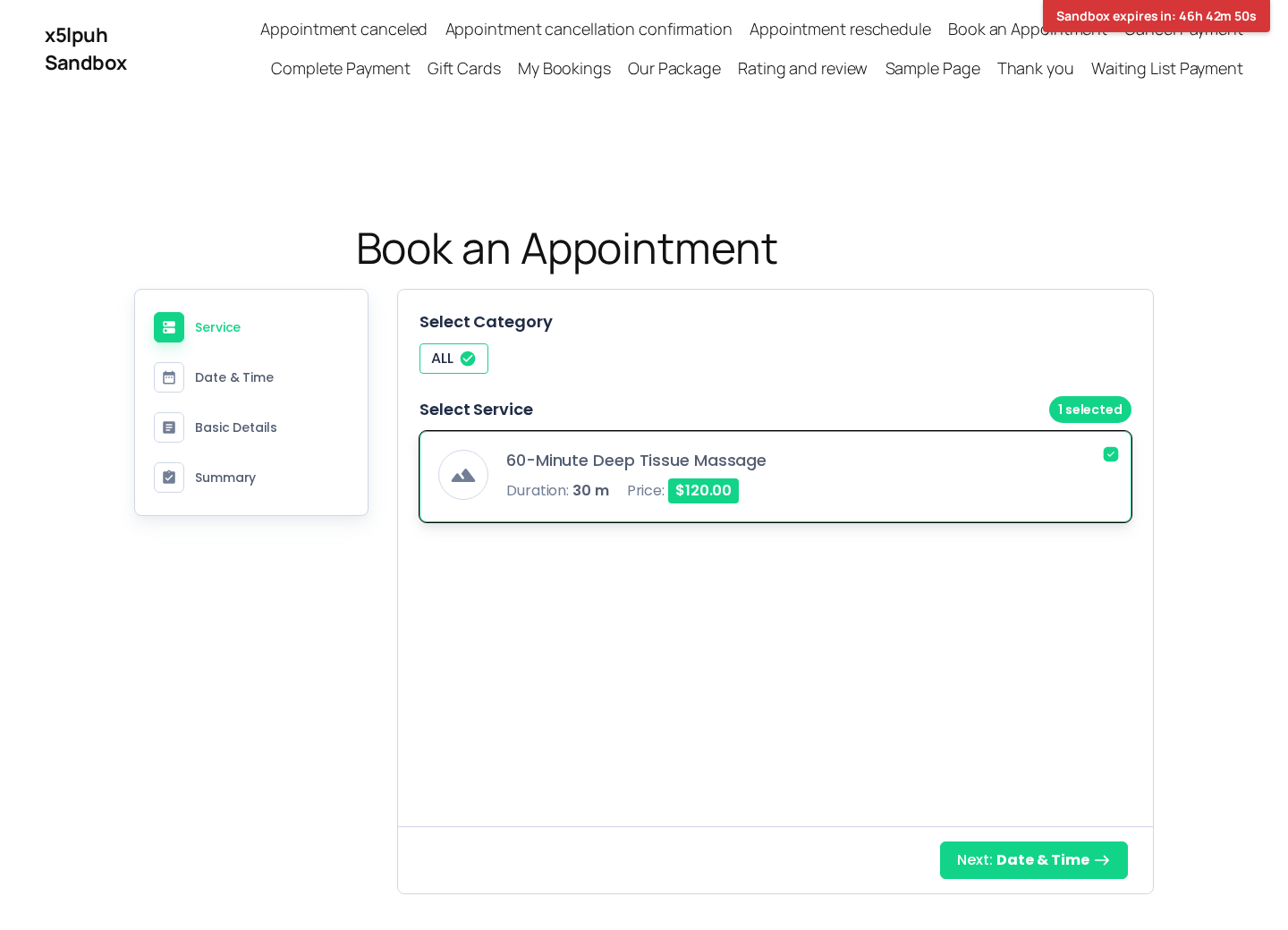 BookingPress front-end booking widget — Service step with the configured service selected