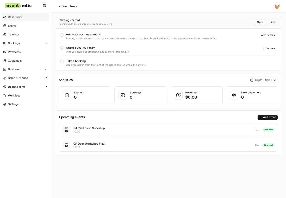 Eventnetic admin dashboard showing bookings, payments, and event overview