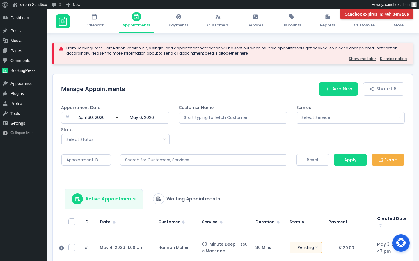 BookingPress admin Appointments list with the test booking landed at $120.00 Pending