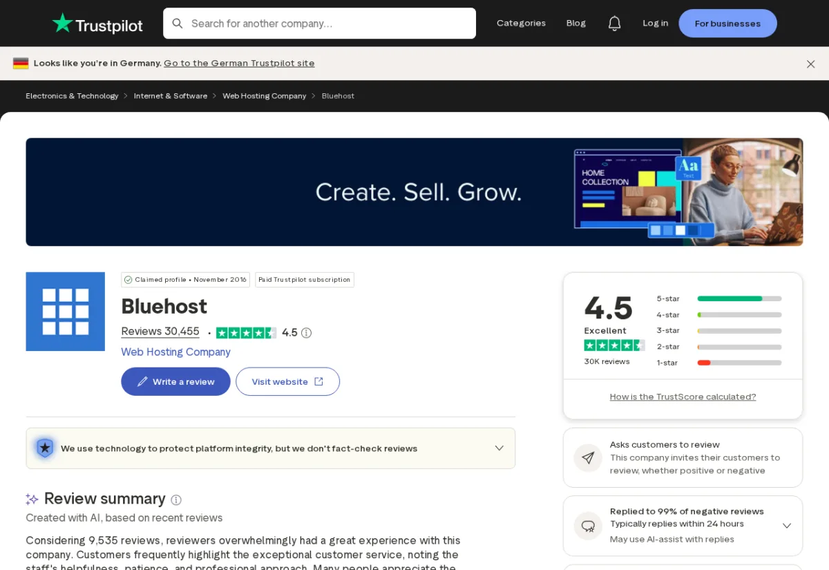 Resumen de reseñas de Bluehost en Trustpilot