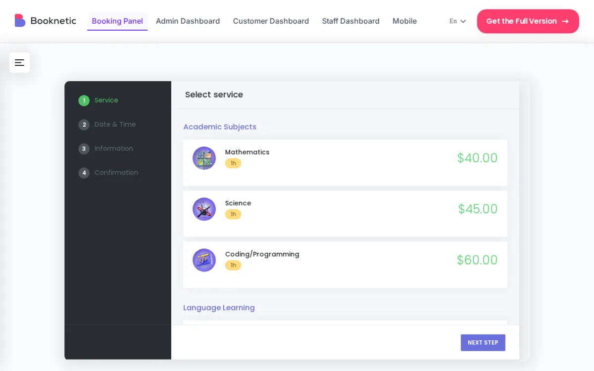 Booknetic booking panel showing the multi-step service selection interface