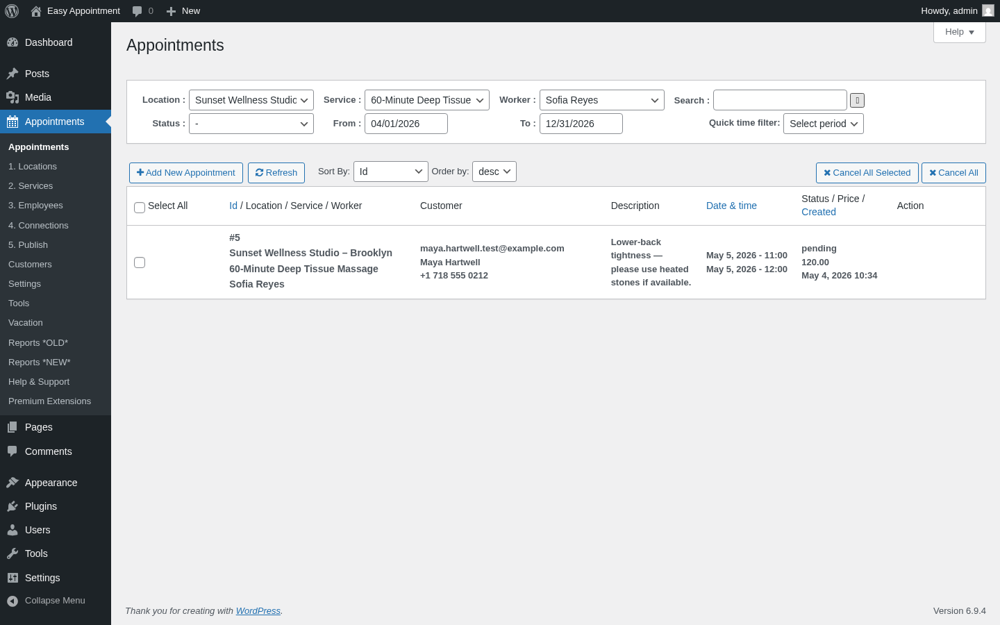 Easy Appointments admin Appointments list with the test booking #5 rendered at 120.00 pending status