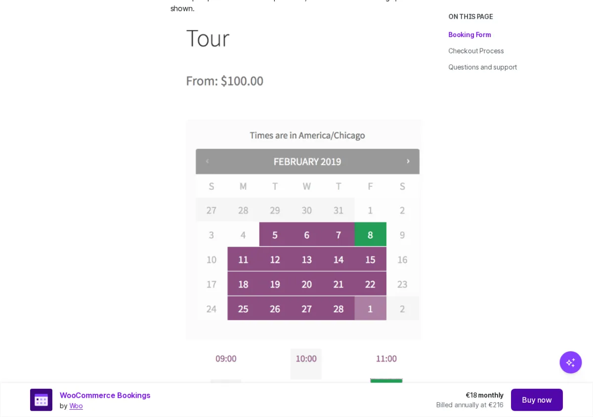 Kundenseitiger Buchungskalender der Erweiterung WooCommerce Bookings mit verfügbarer Datumsbereichsauswahl
