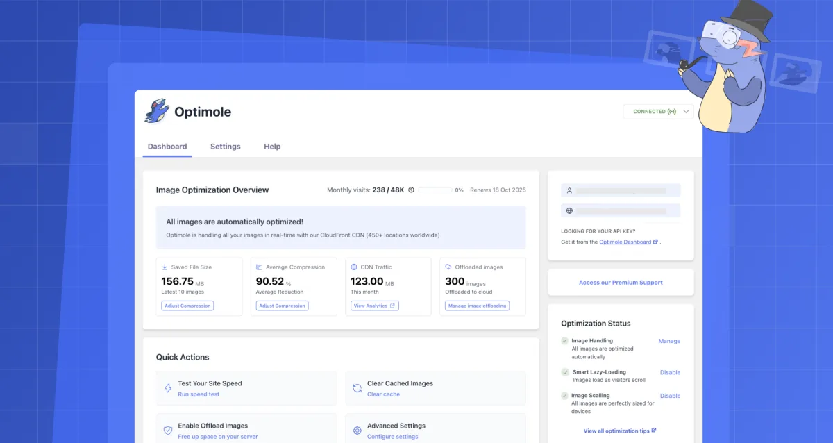 Optimole dashboard overview showing real-time image optimization stats and CDN status