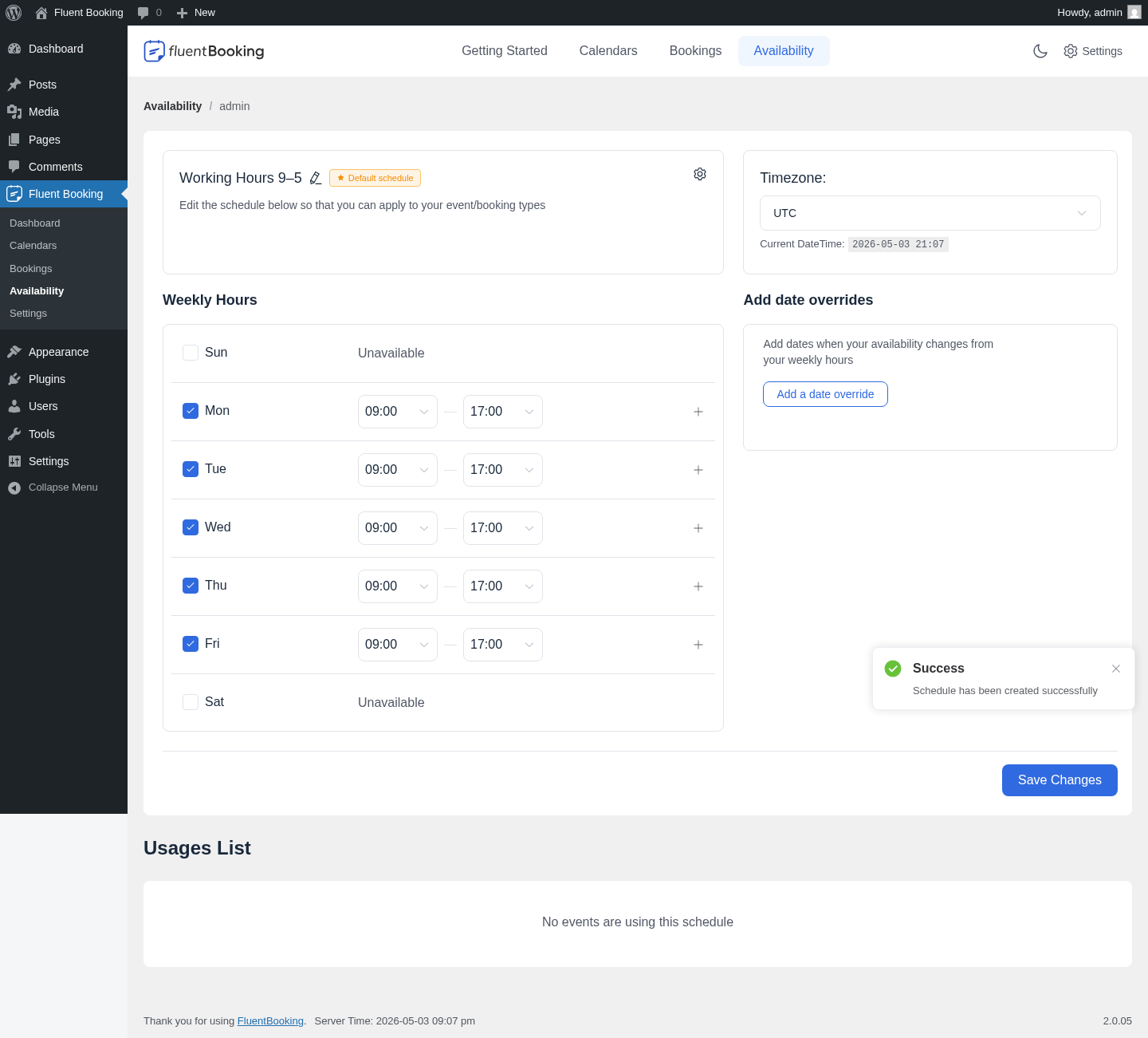 FluentBooking Availability schedule editor — Working Hours 9–5 with weekly hours, date overrides and Default schedule badge