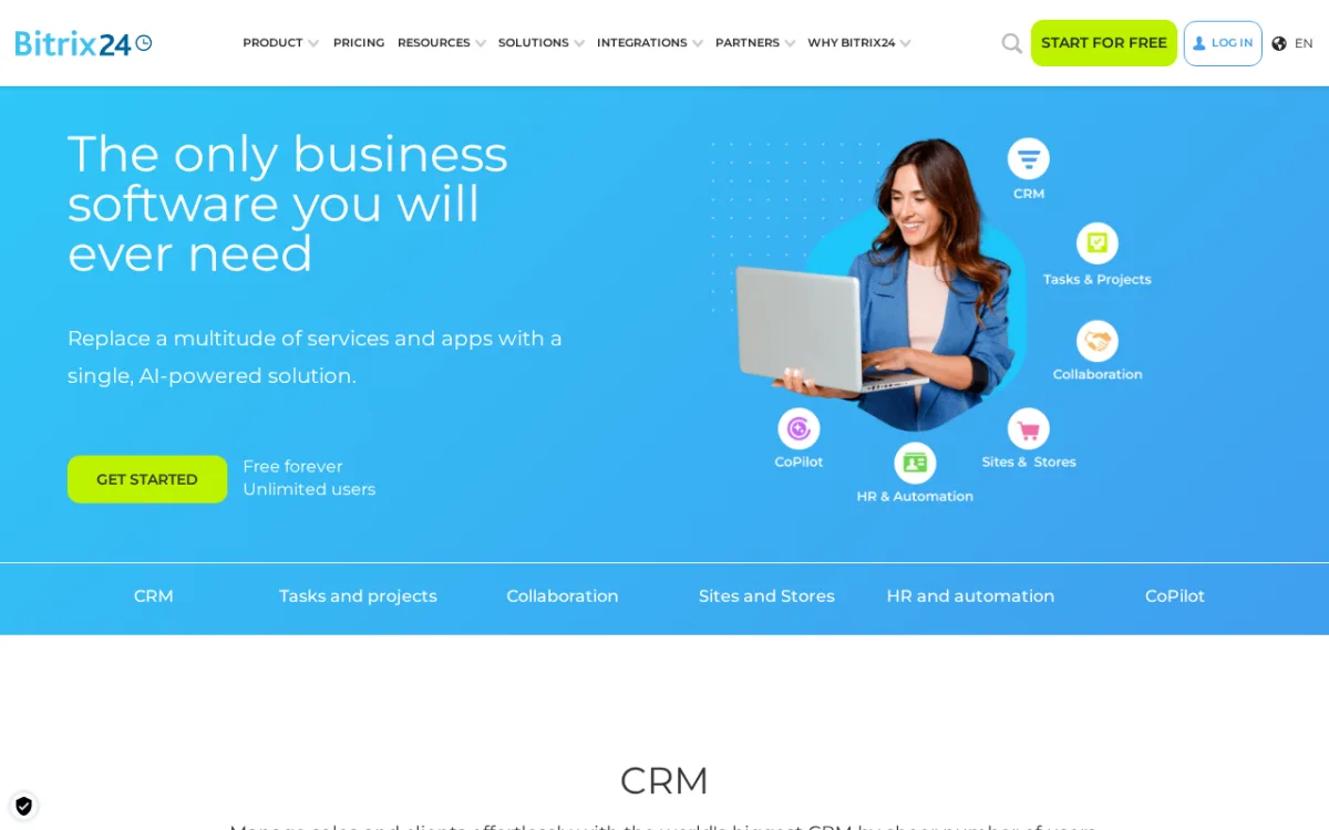 Bitrix24 all-in-one business suite homepage showing CRM, Tasks and Projects, and Collaboration features