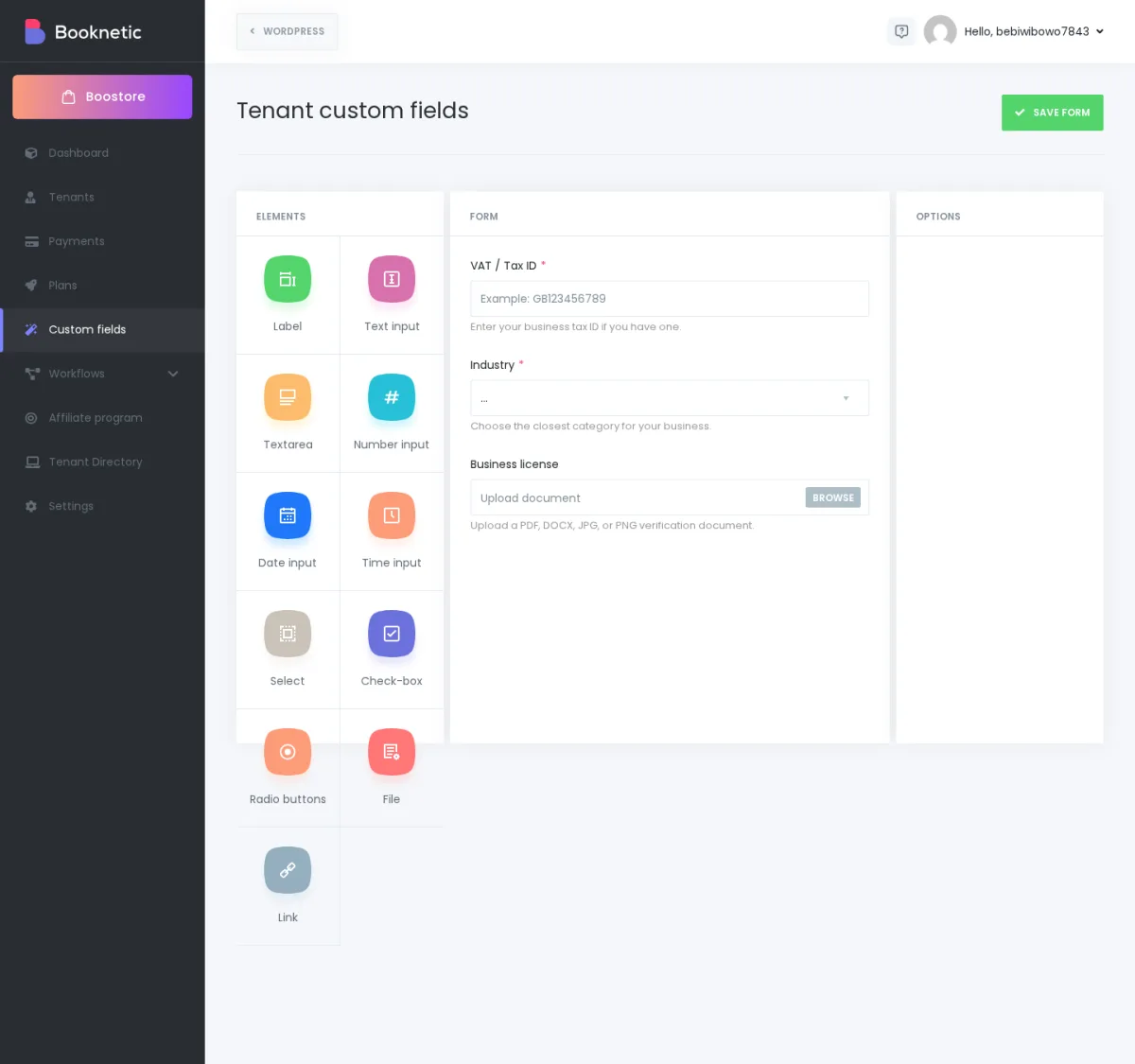 Screenshot: SaaS admin Custom fields page showing the available field types list