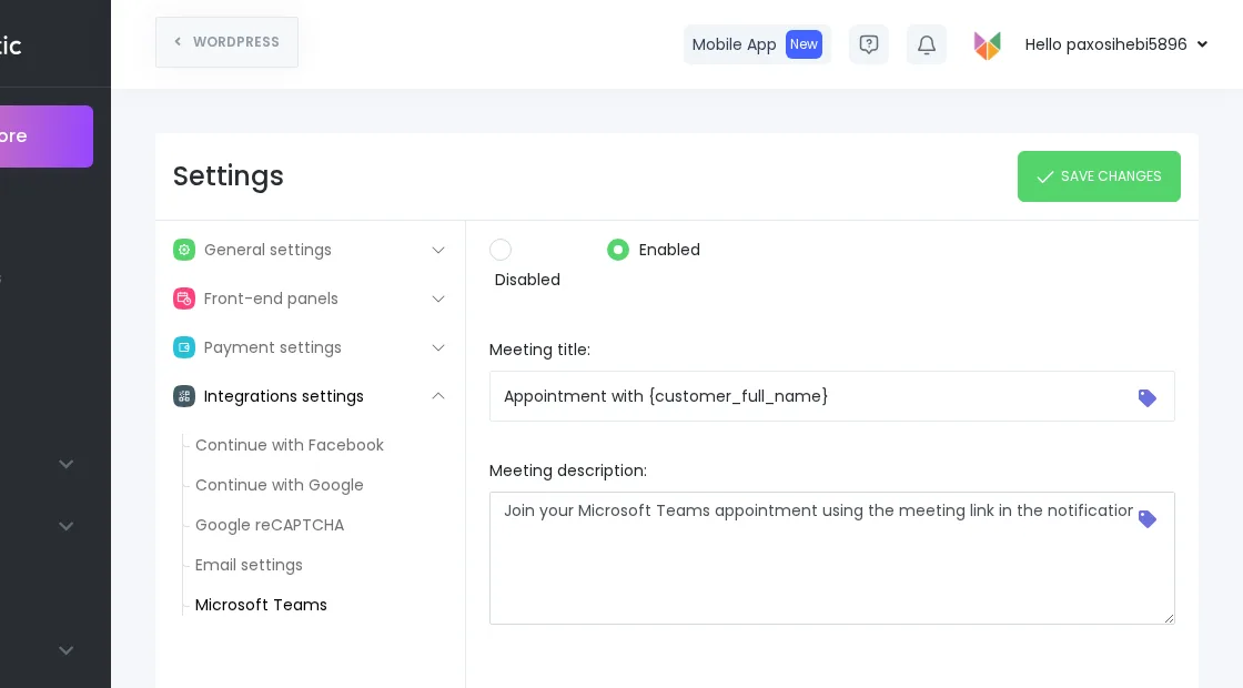 MS Teams integration — Microsoft Teams section in Booknetic Integrations settings