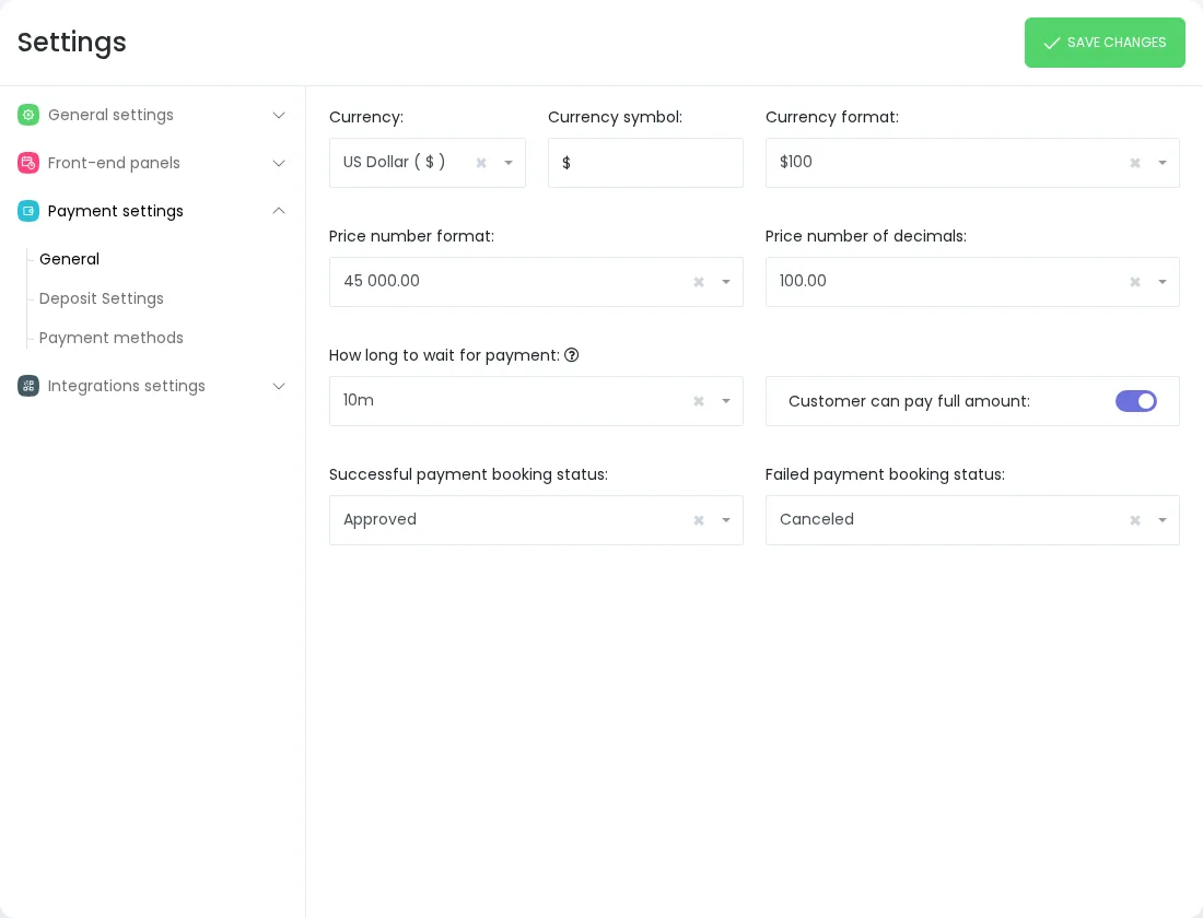 Booknetic payment settings showing customer full amount toggle and successful or failed payment booking status dropdowns.