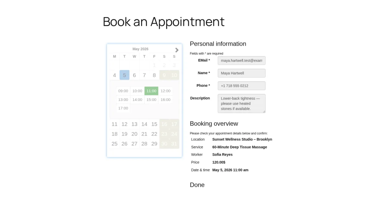 Easy Appointments slot picker with selected slot highlighted in green and Booking Overview panel before confirmation