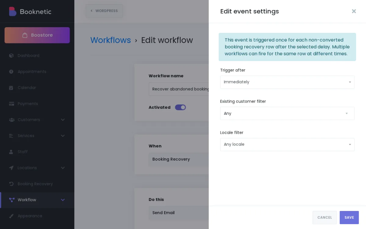 Booking Recovery trigger delay settings in Booknetic