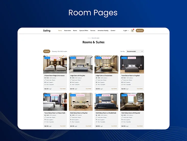WP Hotel Booking frontend room listing and reservation interface
