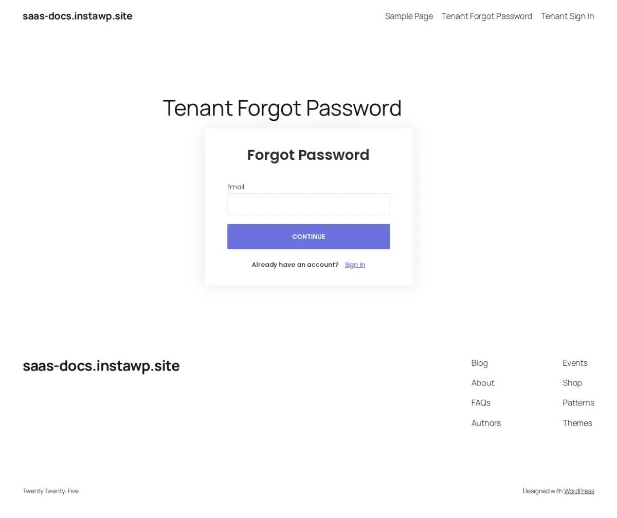 Tenant forgot password page rendered from the booknetic-saas-forgot-password shortcode, showing the email field and CONTINUE button