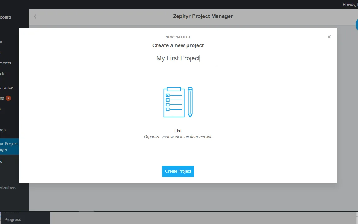Zephyr Project Manager project detail view showing task list with status, assignees, and progress tracking