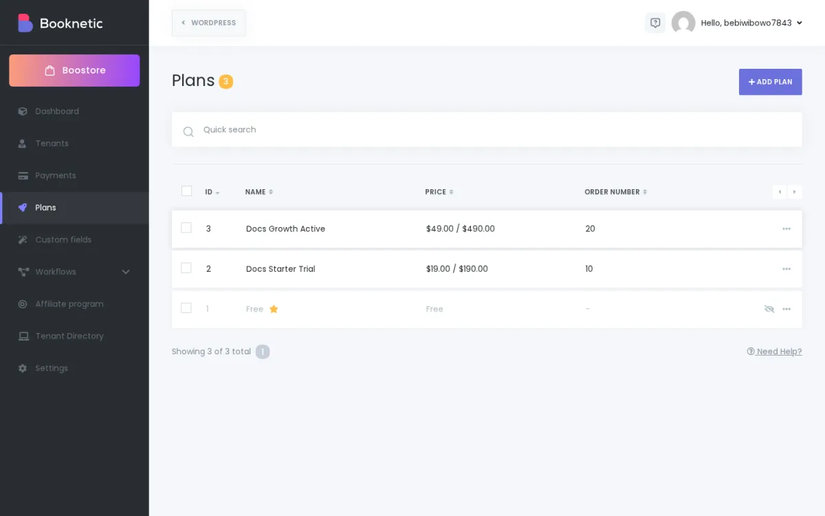 Plans DataTable in the SaaS admin