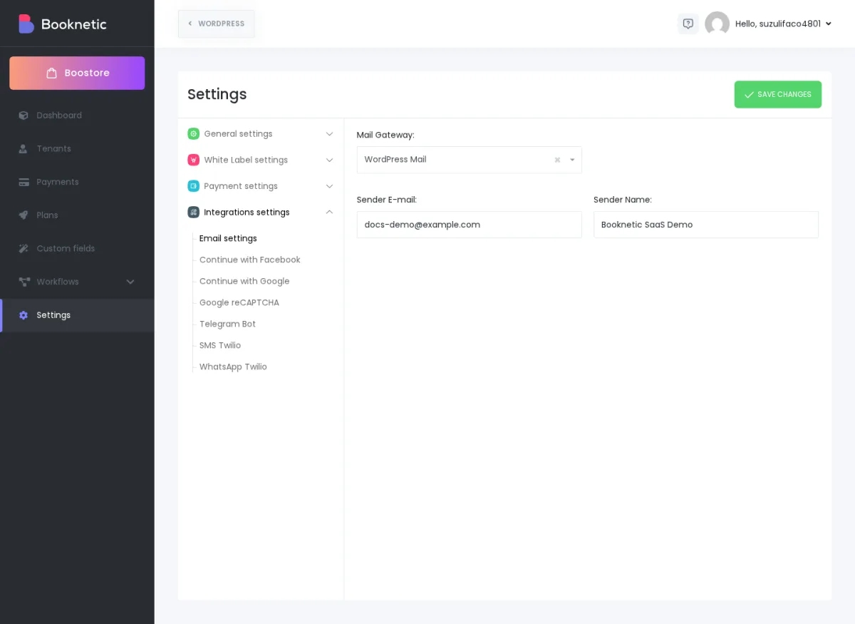 Booknetic SaaS Email settings entry point