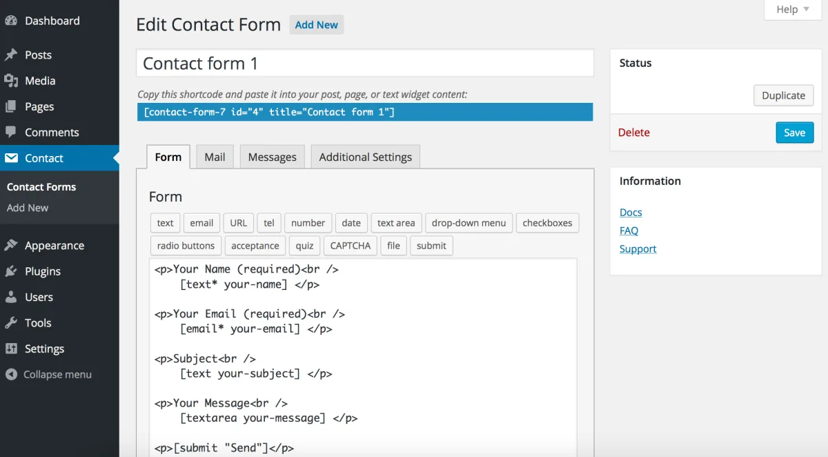 Contact Form 7 admin screen showing shortcode editor and mail tab configuration