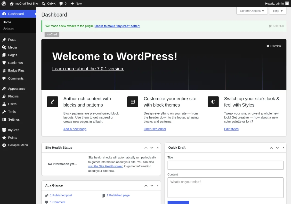 myCred plugin menus in the WordPress admin sidebar, including Points, Log, Hooks, and Settings
