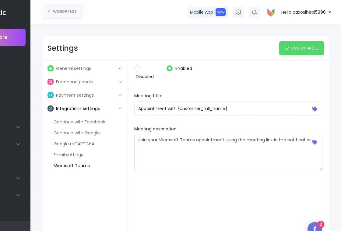 MS Teams settings panel — enable toggle, meeting title and description fields