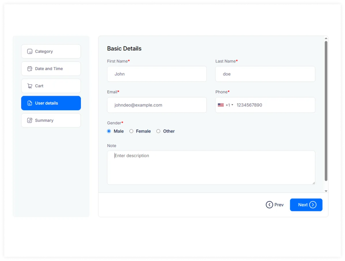 TrueBooker booking form user details step with fields for First Name, Last Name, Email, Phone, Gender, and Note