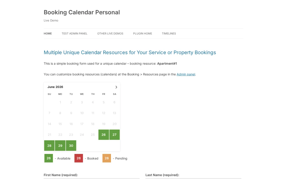 Booking Calendar front-end showing the monthly calendar with availability, booked, and pending date states