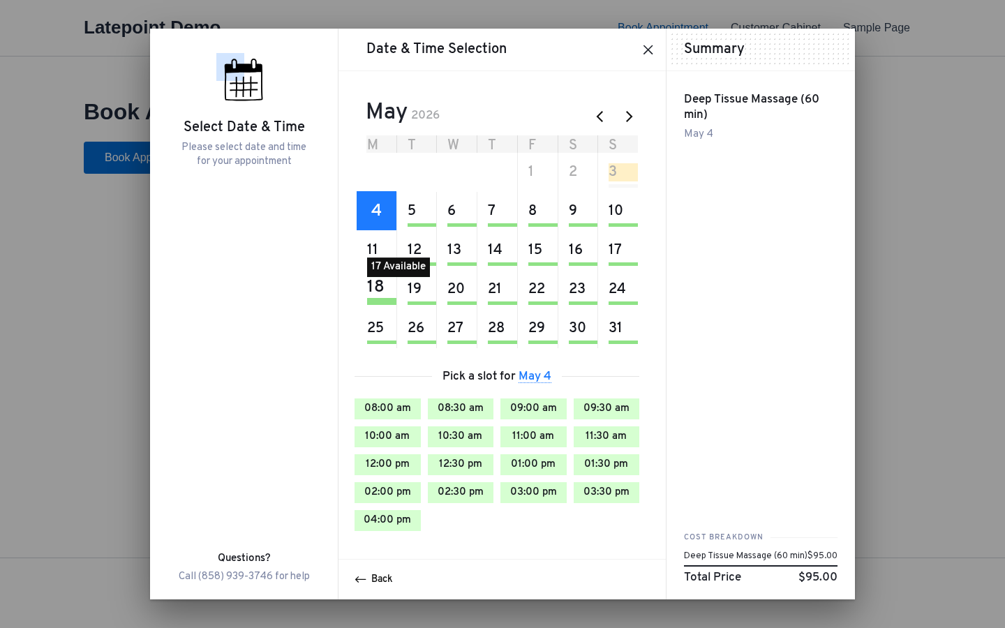 LatePoint Date &amp; Time step — May 2026 grid with "Total Price $95.00" Summary