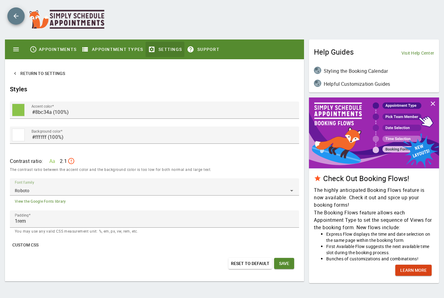 Simply Schedule Appointments — Styles settings with accent / background / font controls and the live contrast-ratio checker flagging an accessibility warning