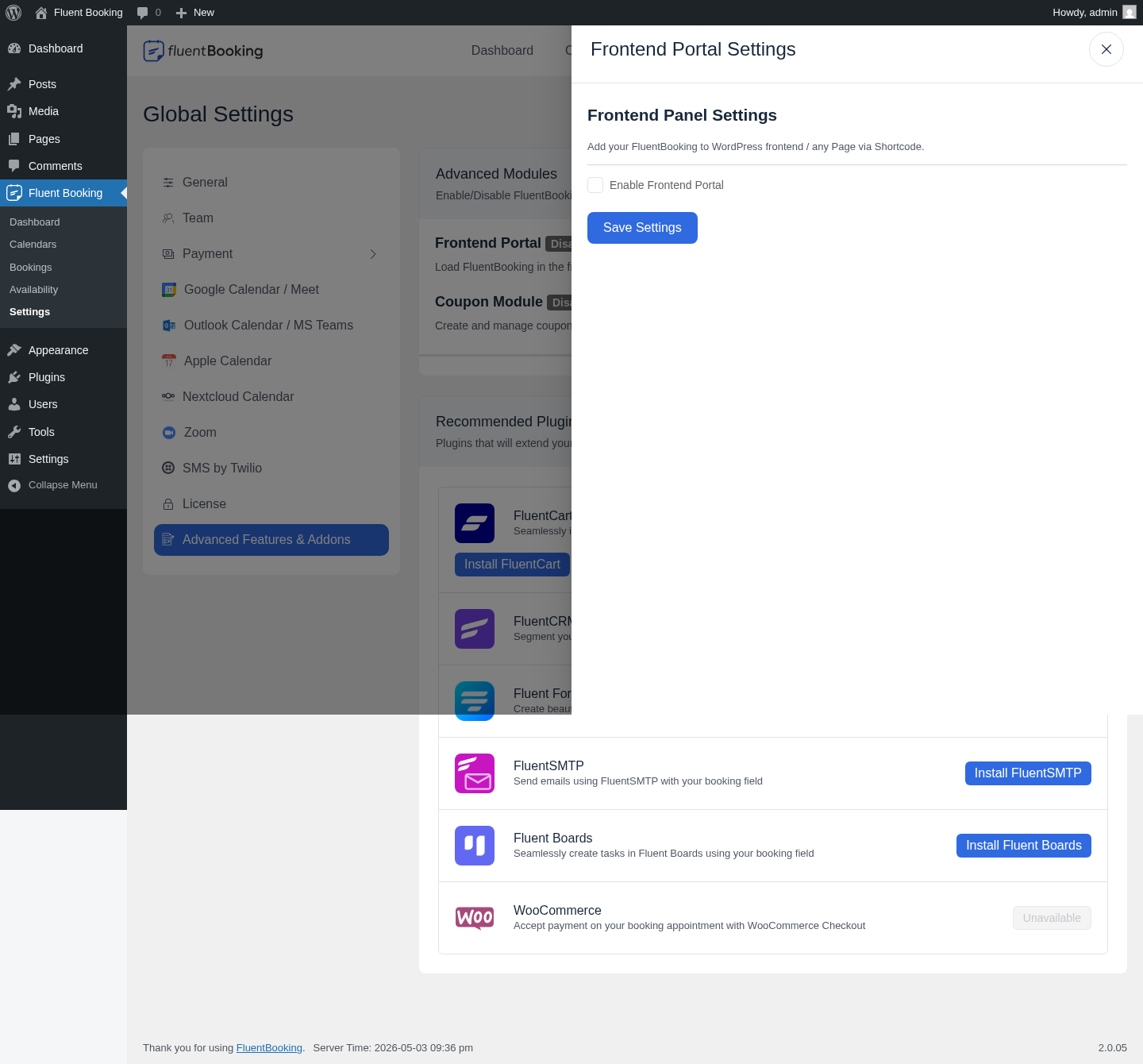 FluentBooking Advanced Modules with Frontend Portal Settings drawer and Coupon Module toggle, plus recommended-plugin Install affordances