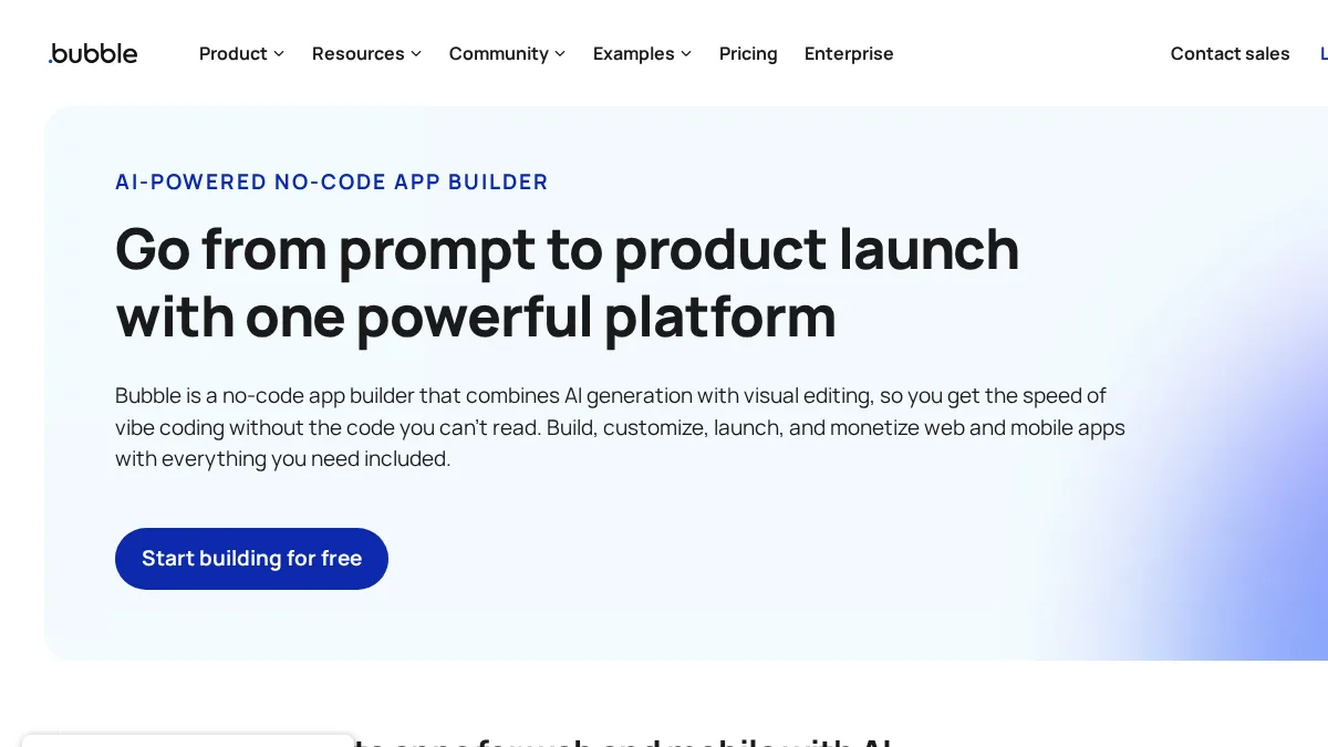 Bubble visual editor showing canvas, element sidebar, and workflow builder