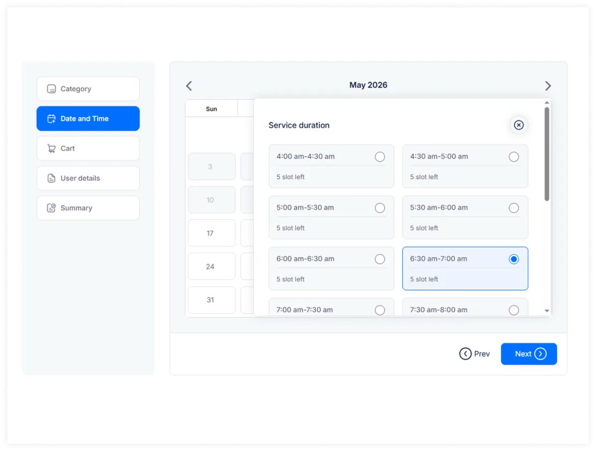 TrueBooker booking form time slot selection showing available 30-minute booking windows with slot counts