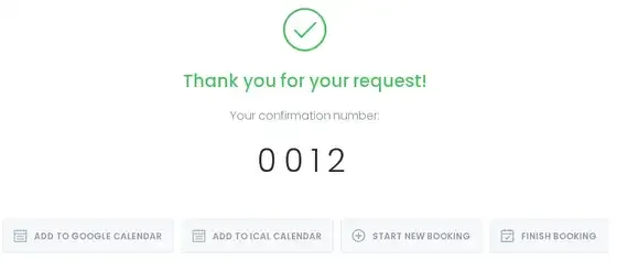 Booknetic confirmation screen with green checkmark, thank-you message, confirmation number 0012, and calendar or finish booking actions.