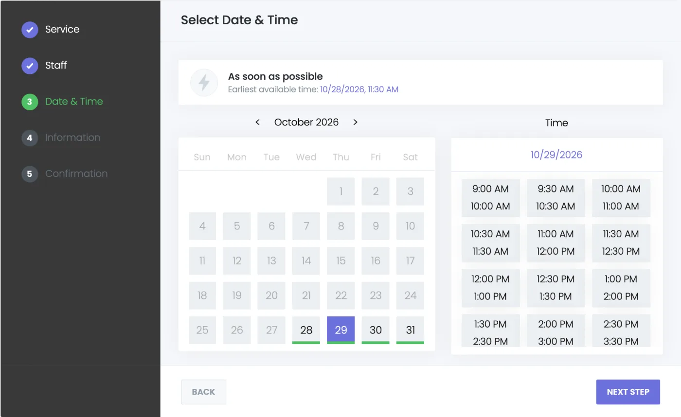 The As soon as possible card above the calendar on the Booknetic booking panel