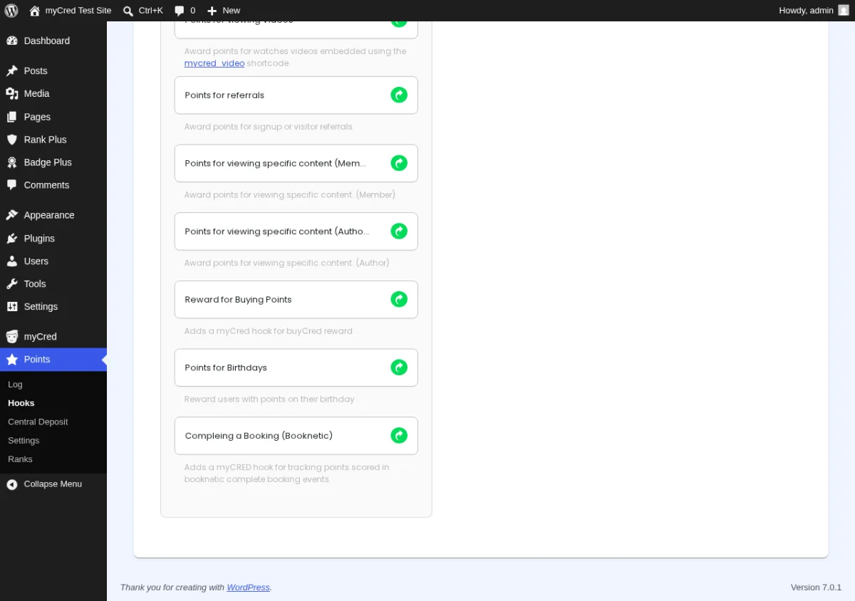 myCred Hooks page with the Booknetic booking completion hook listed in the Available Hooks panel