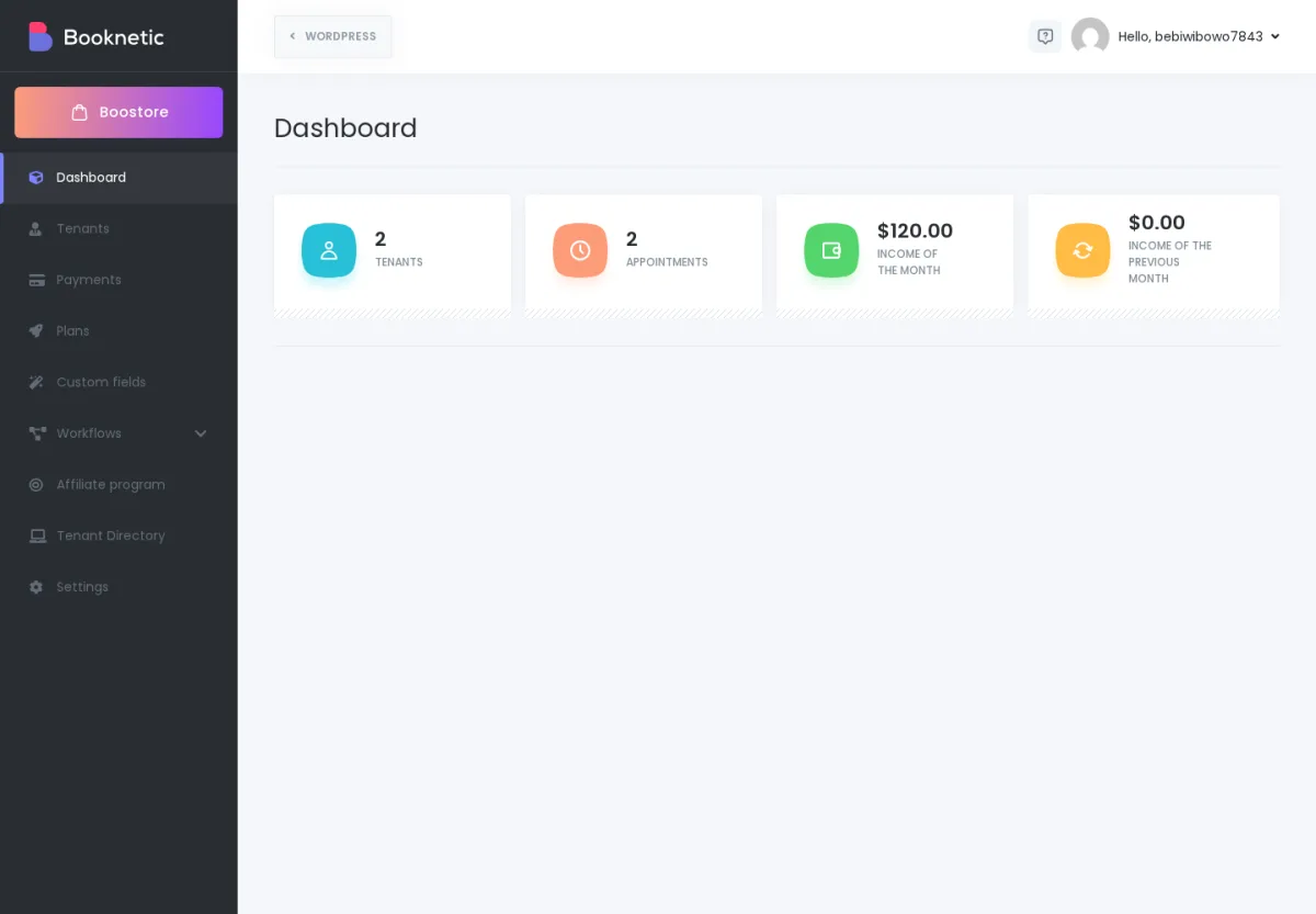 Tenant panel area used for the Billing and Share Page booking URL workflow