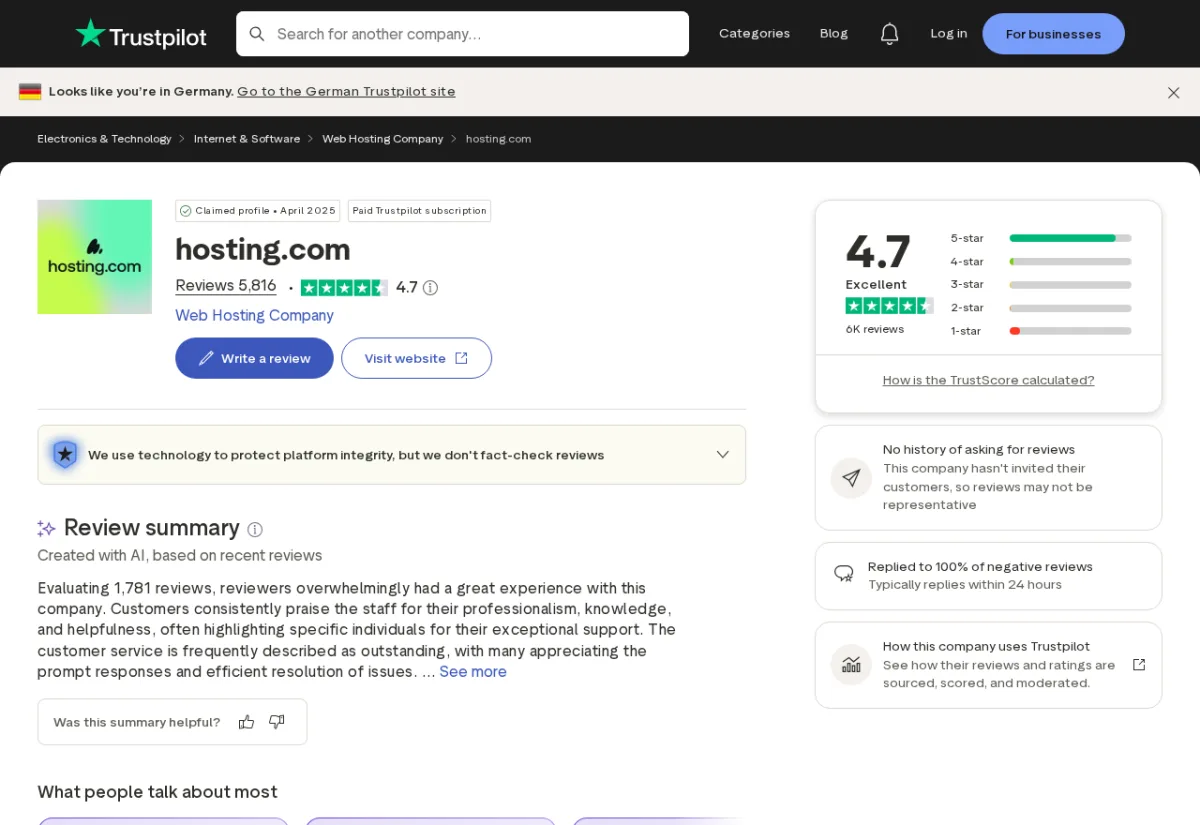 Resumen de reseñas de Hosting.com en Trustpilot